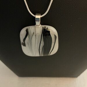 Black and White Fused Glass Silver Tone Pendant Necklace
